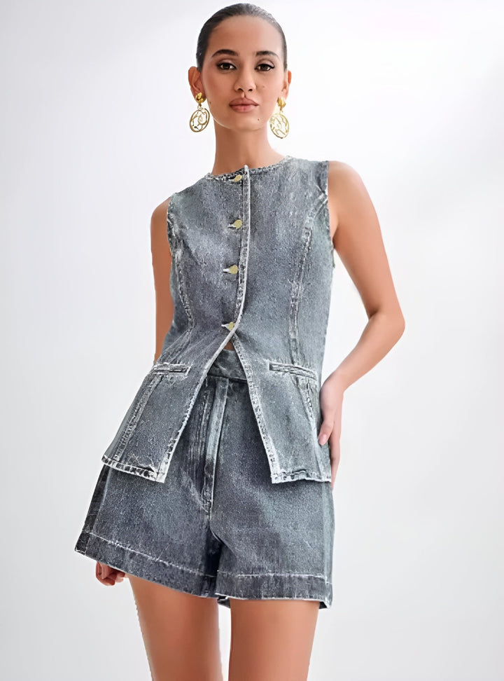 Femme Aarhus™ | Trendy denim sæt med knapper