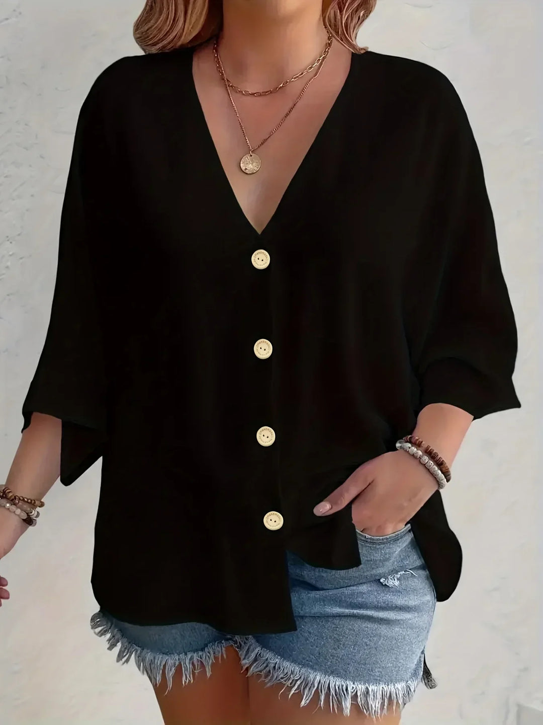Femme Aarhus™ | Signe – Bluse med knaplukning og ¾-ærme